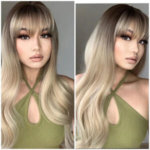 24 “ Ombre Blonde to brown Wavy wig with bangs for daily use
